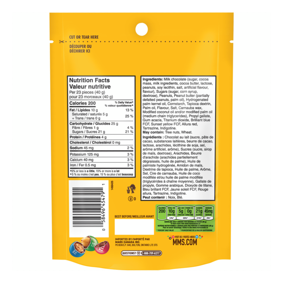 M&M's Classic Mix Pack, Milk Chocolate, Peanut Butter, Peanuts Center, 185g/6.5 oz. Bag Back Side